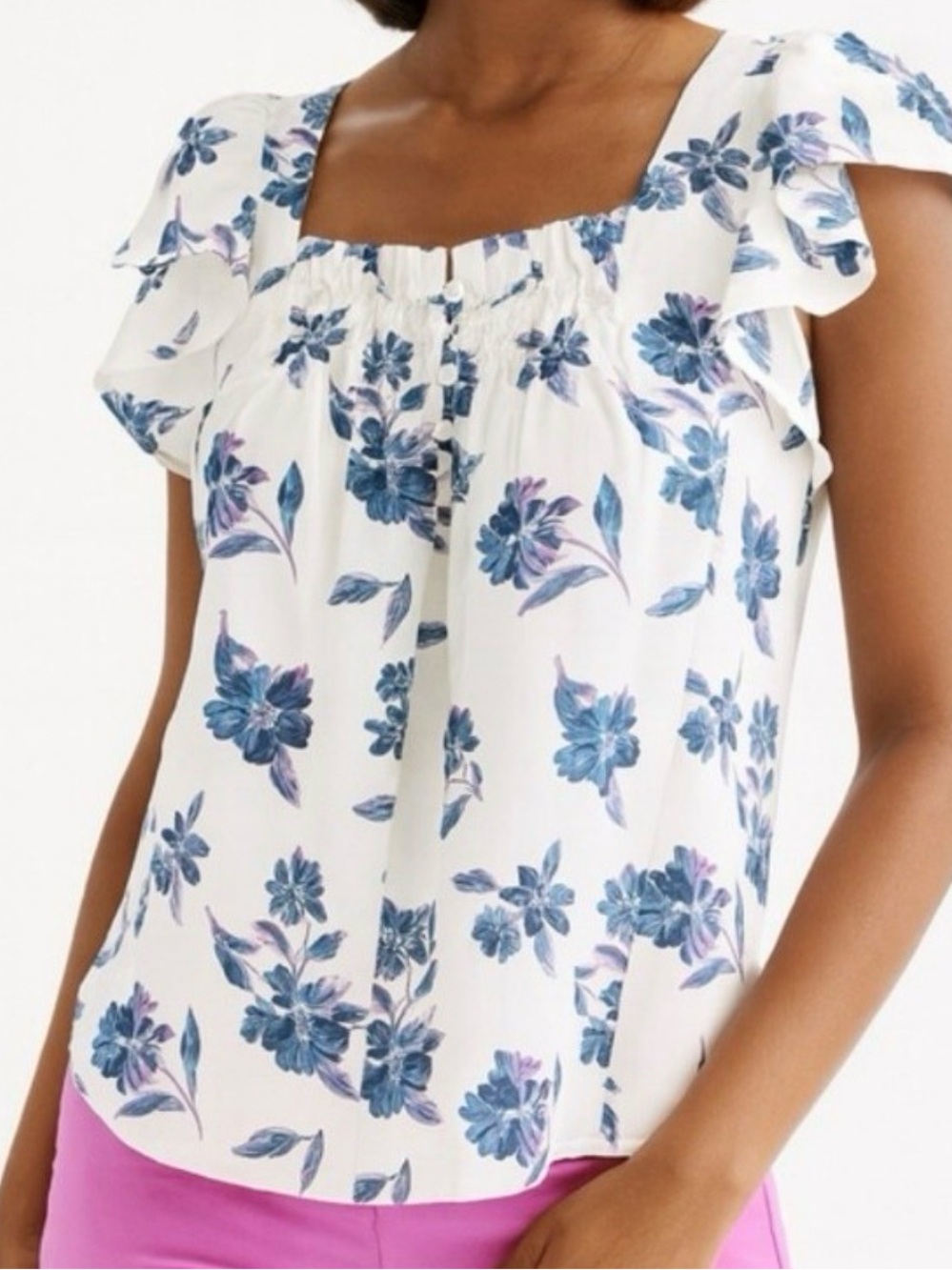 Draper James Floral Square-Neck Ruffle Sleeve Top